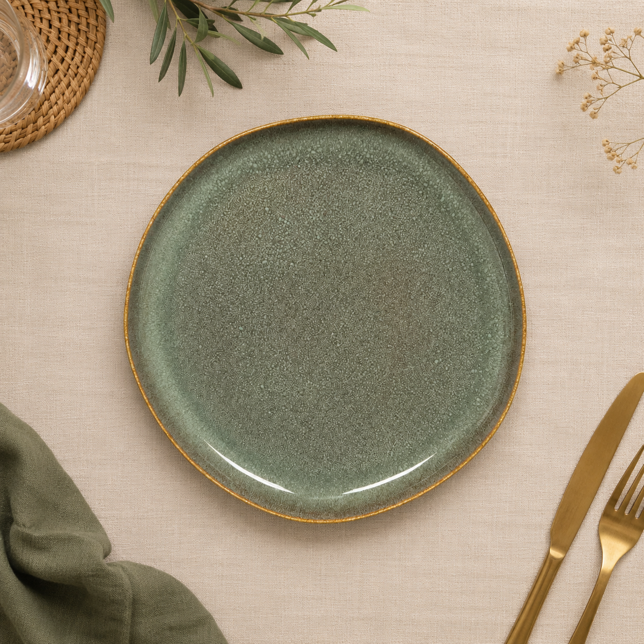 Assiette Plate en Grès Vert Silva | Table Passion